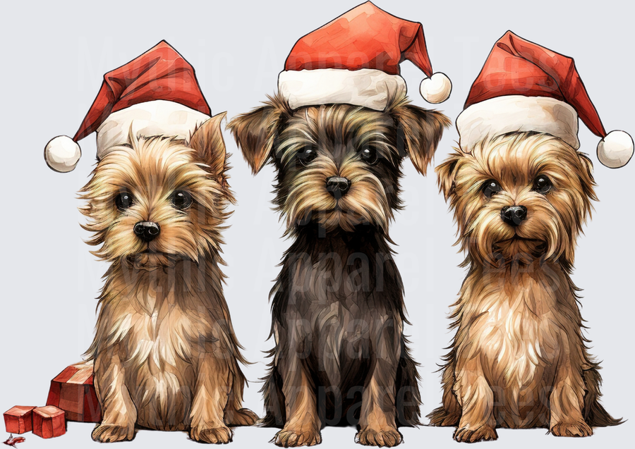Three Yorkshire Terrier Puppies Wearing Santa Hats with Christmas Gift Boxes Watercolor Illustration
