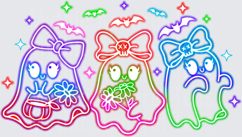 Halloween Neon Glow Cute Ghost Trio with Bows and Flowers