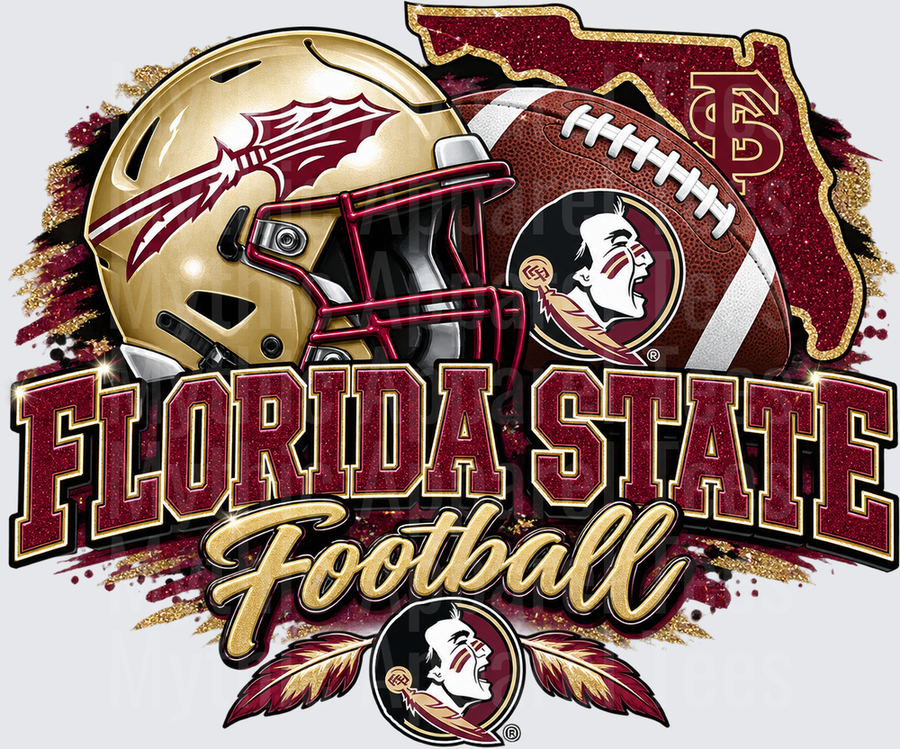 Florida State Seminoles Football Glitter Garnet and Gold Helmet with Football Florida State Outline and Osceola Mascot Logo