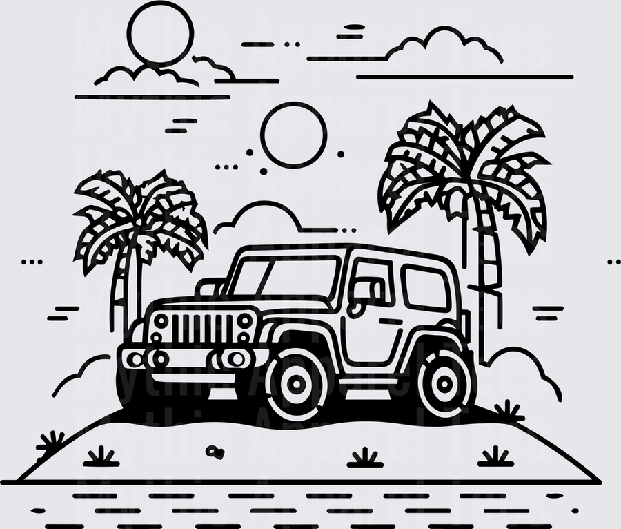 Off Road Jeep Wrangler Tropical Beach Palm Tree Sun Scene
