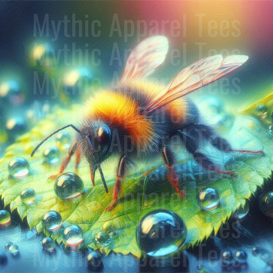 Vibrant Macro Bumblebee on Dewy Green Leaf with Crystal Water Droplets Colorful Nature Art