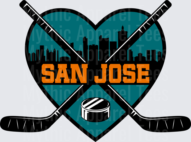 NHL Teams San Jose Sharks Heart Skyline Crossed Sticks Puck