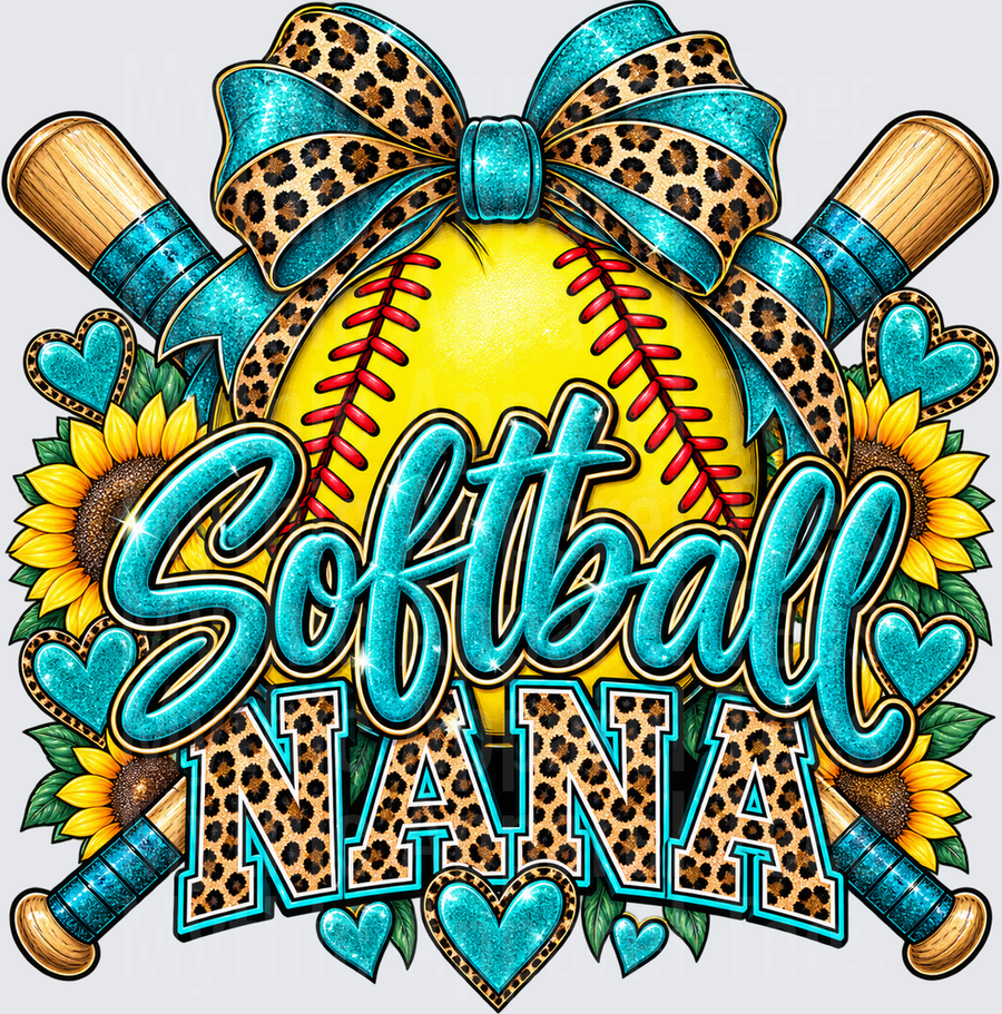 Softball Nana Teal Glitter Leopard Print Bow Crossed Bats Sunflowers Hearts Design
