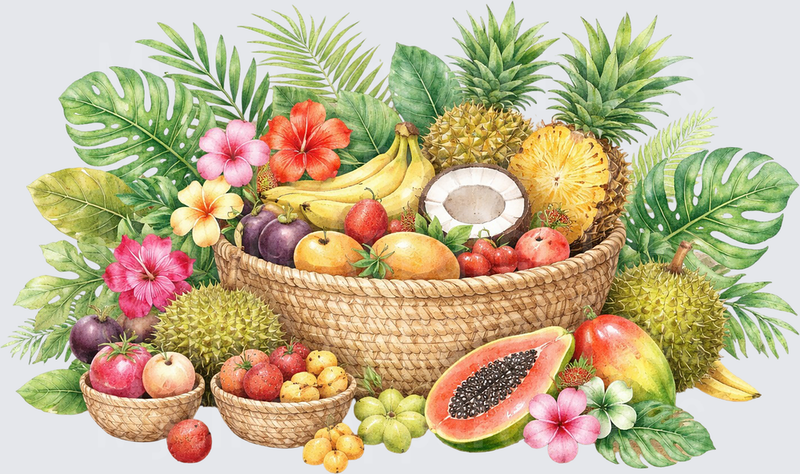 Moana Tropical Fruit Basket with Hibiscus and Palm Leaves