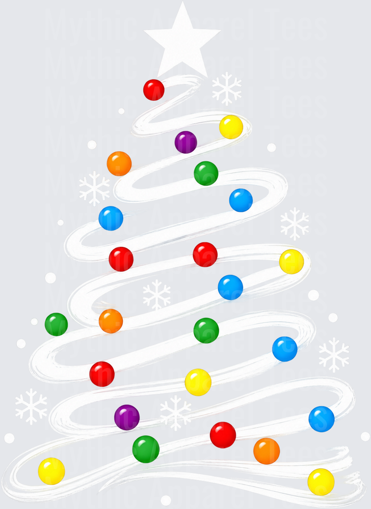 Christmas Tree White Swirl Outline with Colorful Ornament Balls and Star Topper
