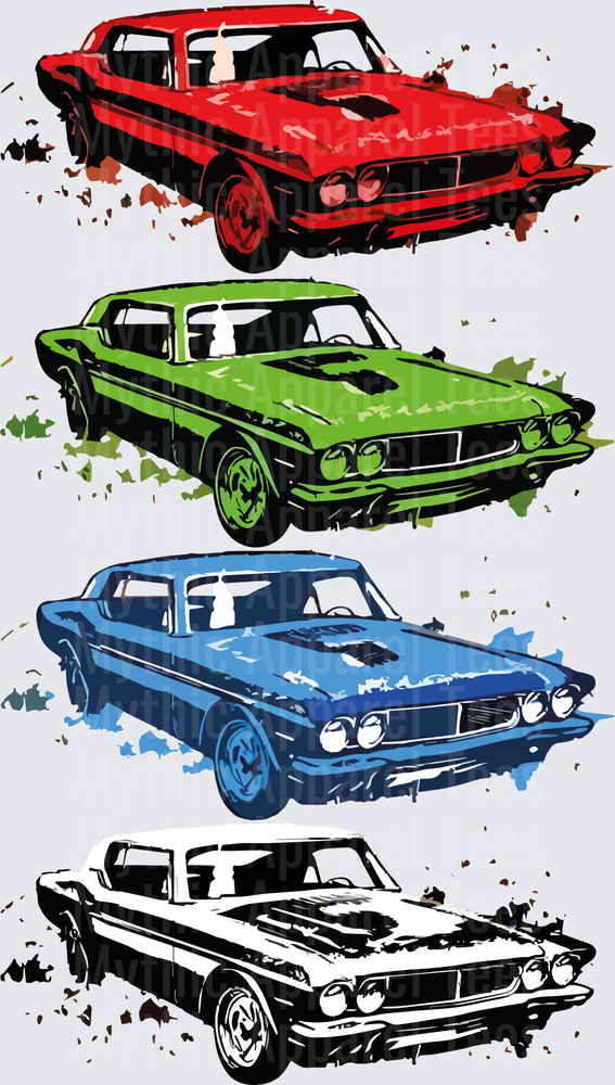 Drifting and Muscle Cars Classic American Muscle Four Color Variations Grunge Splash Art