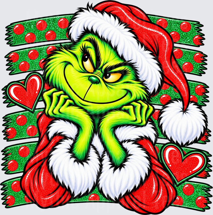 Grinch Santa Hat Smirking Pose With Red Hearts Glitter Holiday Stripes Design