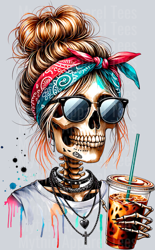 Skull girl with coffee 3 DTF Skull Transfers