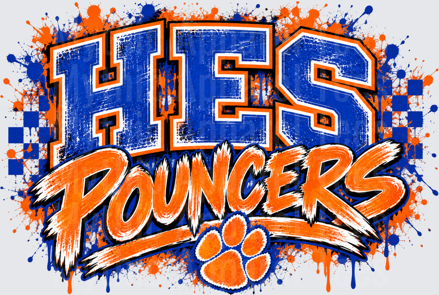 HES Pouncers Bold Blue and Orange Spirit Design with Paw Print and Paint Splatter