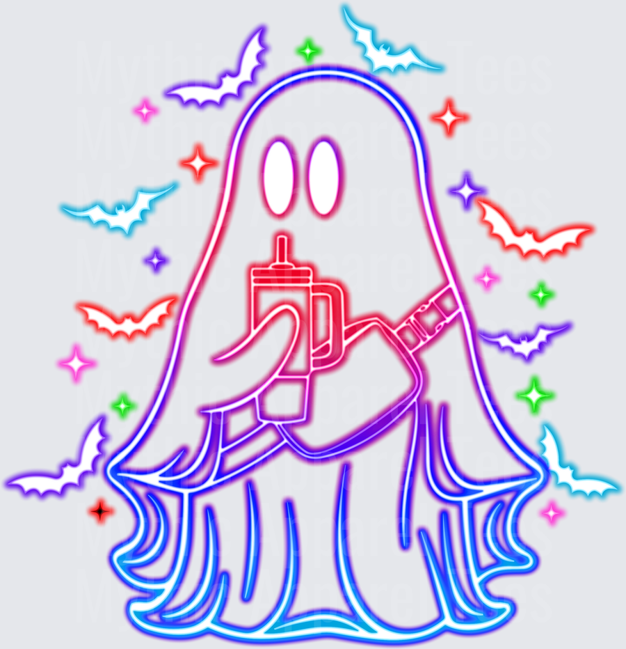Halloween Neon Ghost Holding Stanley Cup Bats Sparkles