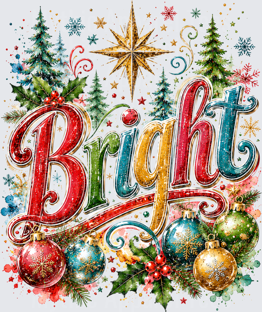 Bright Watercolor Christmas Script with Gold Star Ornaments Holly and Pine Trees