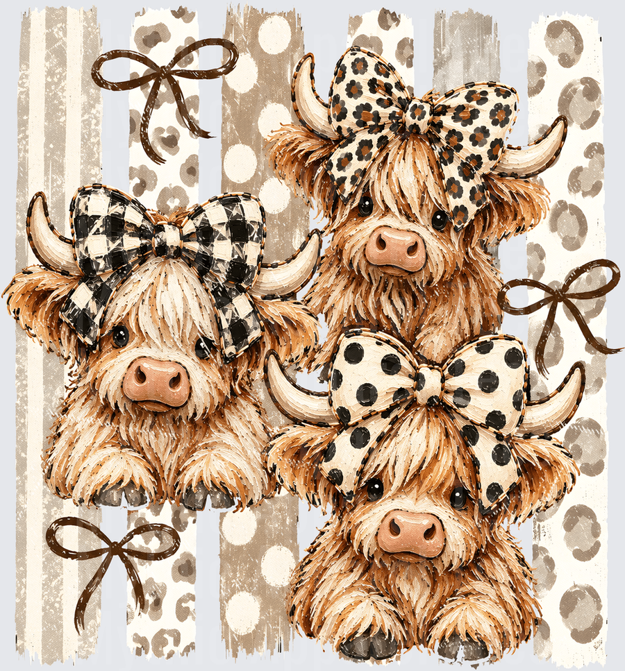 Three Cute Highland Cows With Patterned Bows Buffalo Plaid Leopard Print And Polka Dot On Striped And Leopard Background With Brown Ribbon Accents