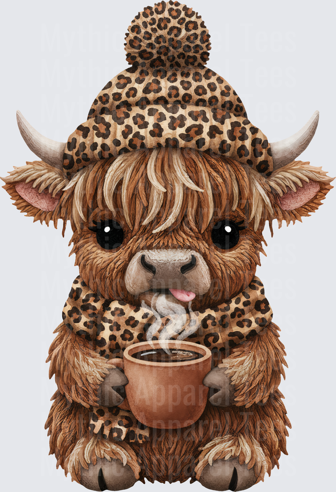 Cute Baby Highland Cow with Leopard Print Beanie and Scarf Holding Steaming Coffee Cup