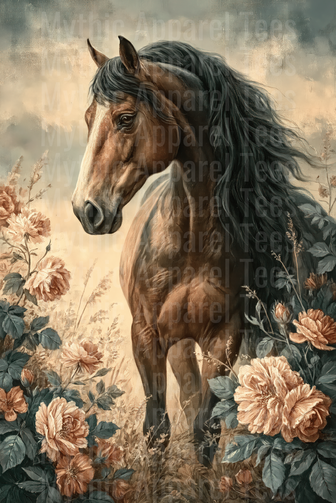 Majestic Bay Horse with Flowing Black Mane Surrounded by Blooming Peach Roses Vintage Oil Painting Style