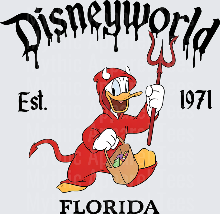 Donald Duck Devil Halloween Costume Trick or Treat Disney World Florida Est 1971 Dripping Gothic Text