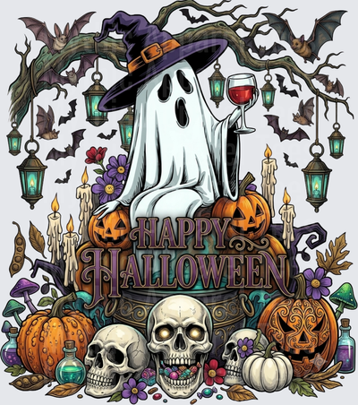 Happy Halloween Ghost Witch Holding Wine Glass with Jack-o-Lanterns Skulls Bats Candles and Lanterns