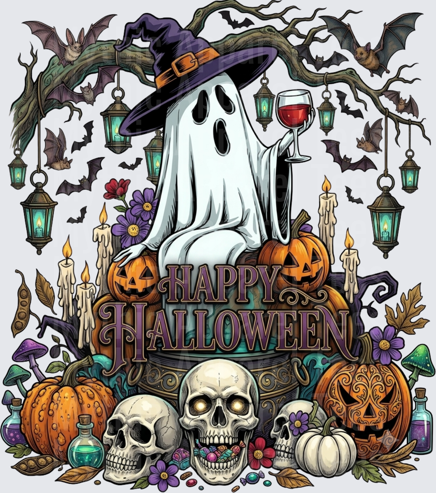 Happy Halloween Ghost Witch Holding Wine Glass with Jack-o-Lanterns Skulls Bats Candles and Lanterns