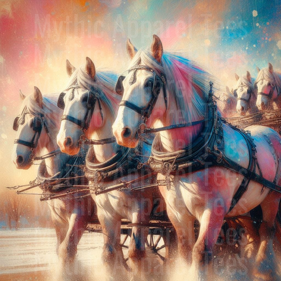 Majestic White Draft Horses Pulling Carriage in Colorful Watercolor Splash Art