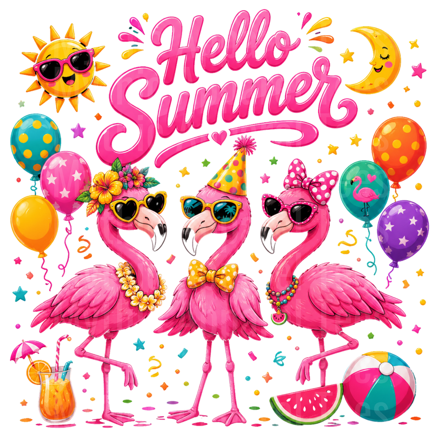 Flamingos Hello Summer Party Trio with Balloons and Beach Fun