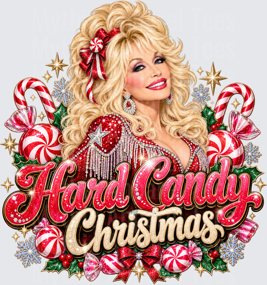 Dolly Parton Hard Candy Christmas Glitter Holiday Design with Candy Canes Peppermints and Holly