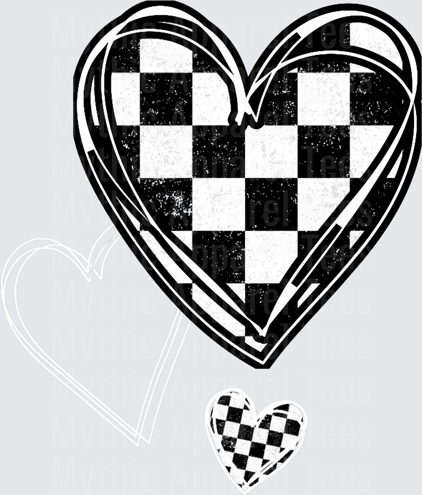 Black and White Checkered Heart with Sketch Outline Border and Mini Checkerboard Accent Heart