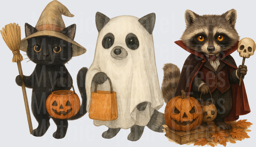 Cute Halloween Trio Black Cat Witch Ghost Dog Vampire Raccoon with Jack-o-Lanterns Watercolor
