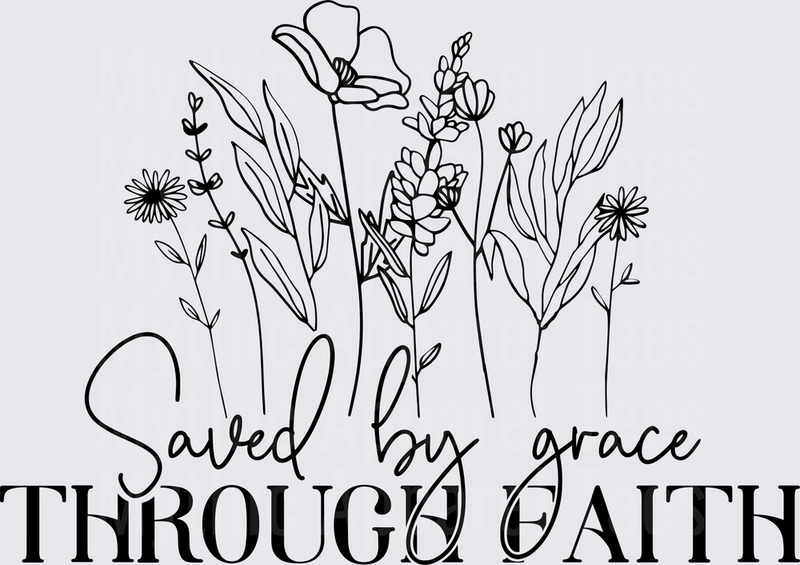 Saved By Grace Through Faith Wildflower Botanical Line Art Christian Scripture