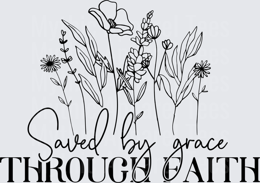 Saved By Grace Through Faith Wildflower Botanical Line Art Christian Scripture