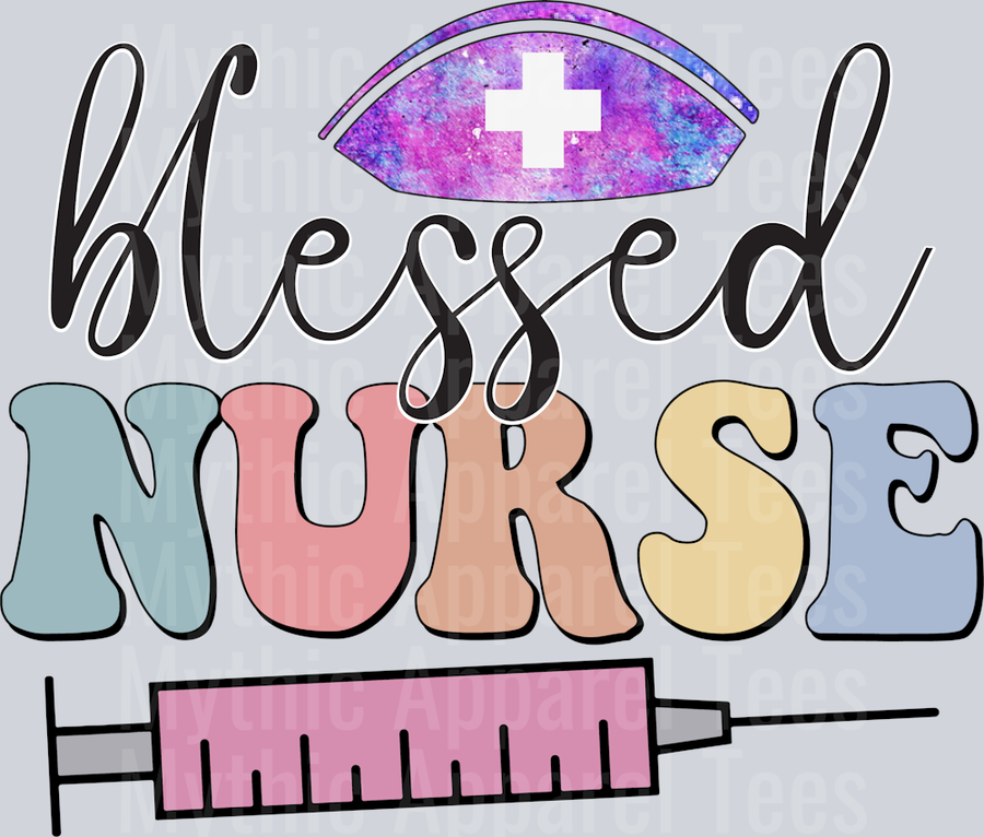 Blessed Nurse purple hat script font bold letters DTF Nurse Transfers