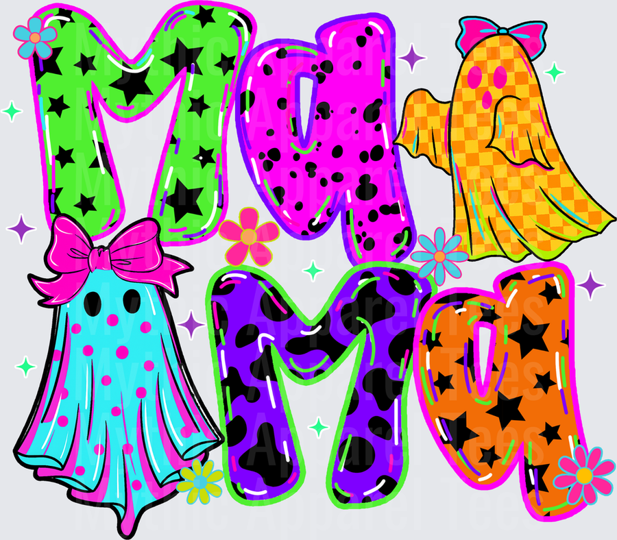 Halloween Mama Retro Groovy Bold Letters with Cute Ghost Figures Stars Cow Print Polka Dot Checkered Colorful Neon Design