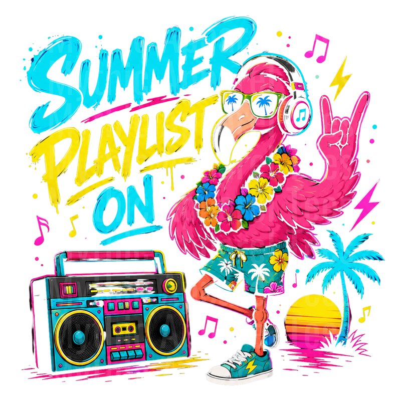 Flamingo Summer Playlist On Boombox Headphones Rock Hand