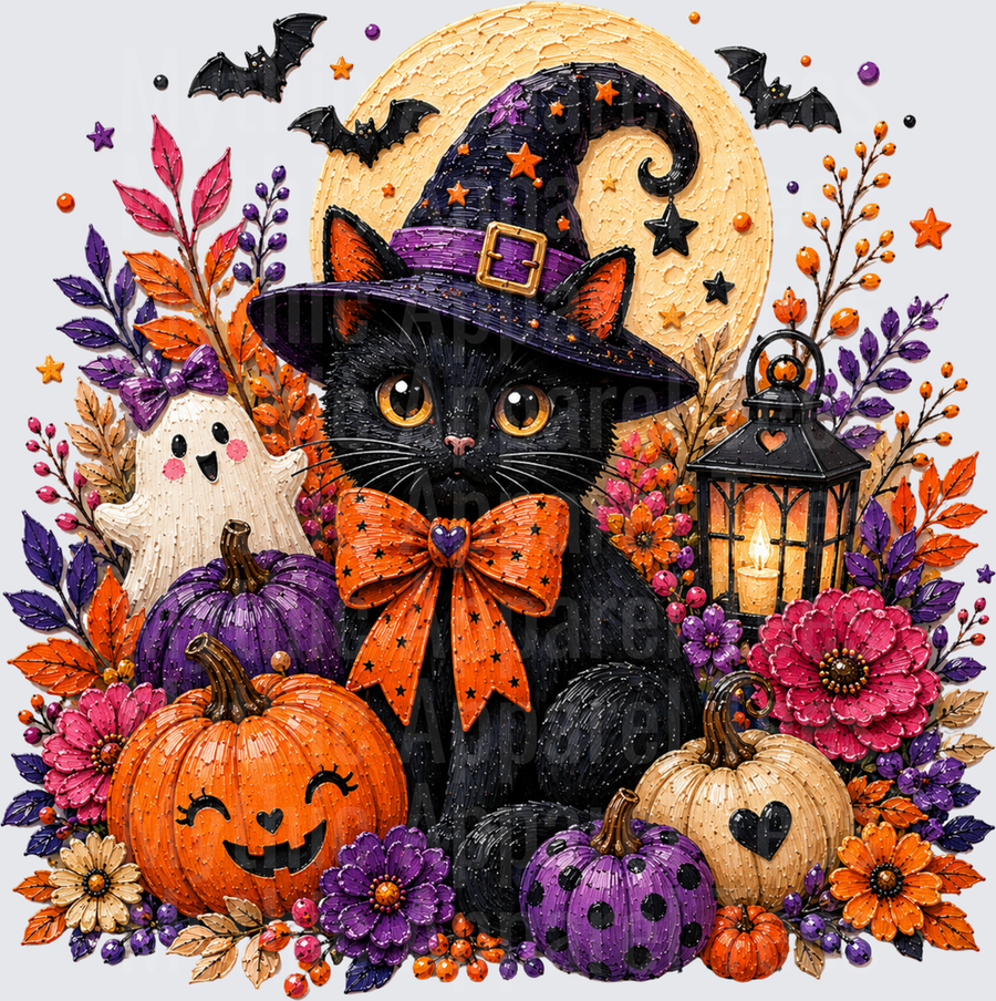 Halloween Black Cat Witch Hat Orange Bow Pumpkins Ghost Lantern Full Moon Floral Fall Botanical Design