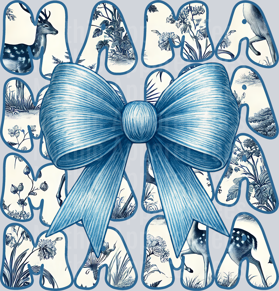 Mama Medium blue bow with white and blue background DTF MOM Transfers