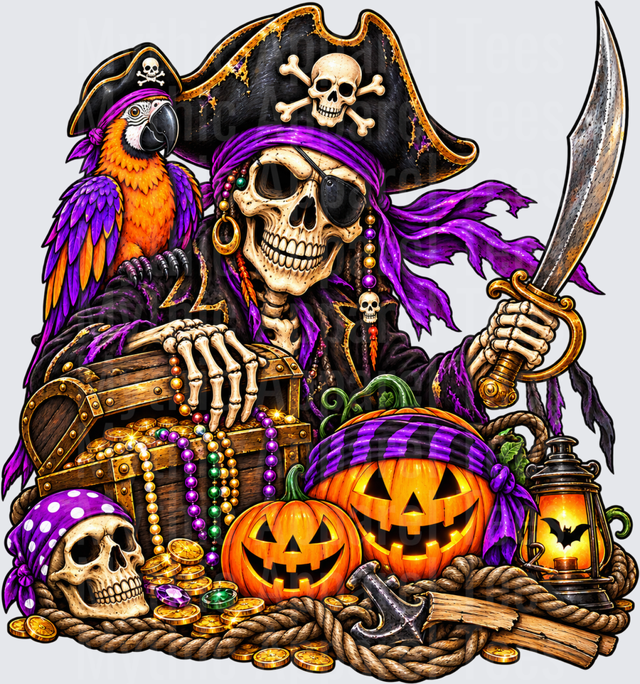 Pirate Skeleton Captain with Sword Treasure Chest Jack-o-Lanterns and Parrot Halloween Scene