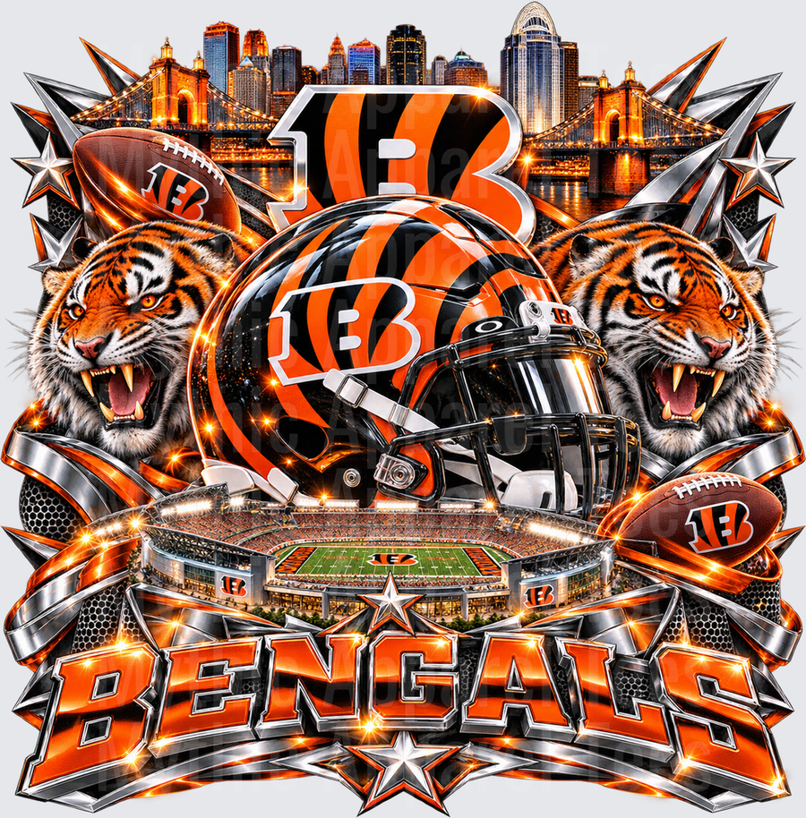 Cincinnati Bengals Bold Orange Black Helmet Dual Roaring Tigers Stadium Skyline Fan Design