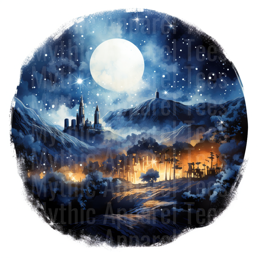 Nativity Hogwarts Castle Full Moon Starry Night Watercolor