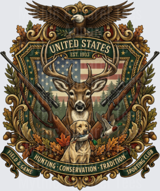 United States Field & Game Sporting Club Hunting Crest with Bald Eagle, Buck, Yellow Lab, and Crossed Rifles