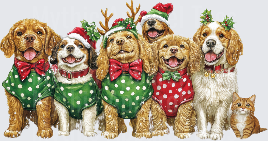 Festive Holiday Dogs and Cat in Santa Hats Polka Dot Sweaters and Bow Ties Christmas Group Portrait
