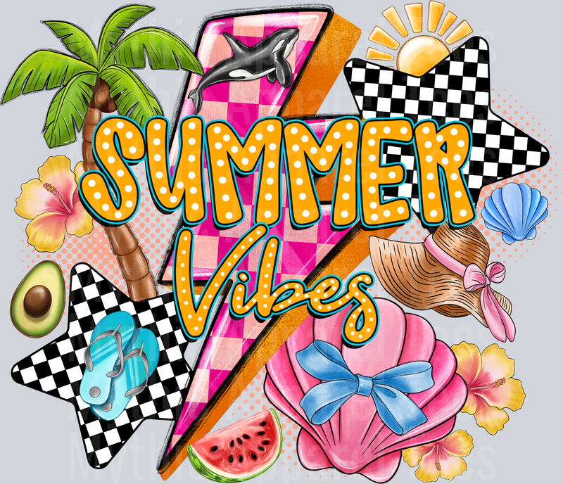 Summer Vibes checker and lightning bolt DTF Summer Transfers