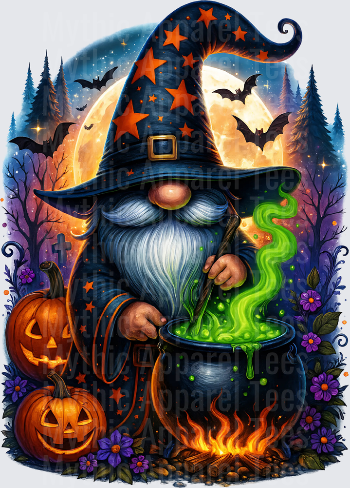 Halloween Wizard Gnome Stirring Glowing Green Cauldron with Jack-o-Lanterns Bats and Full Moon Night Scene