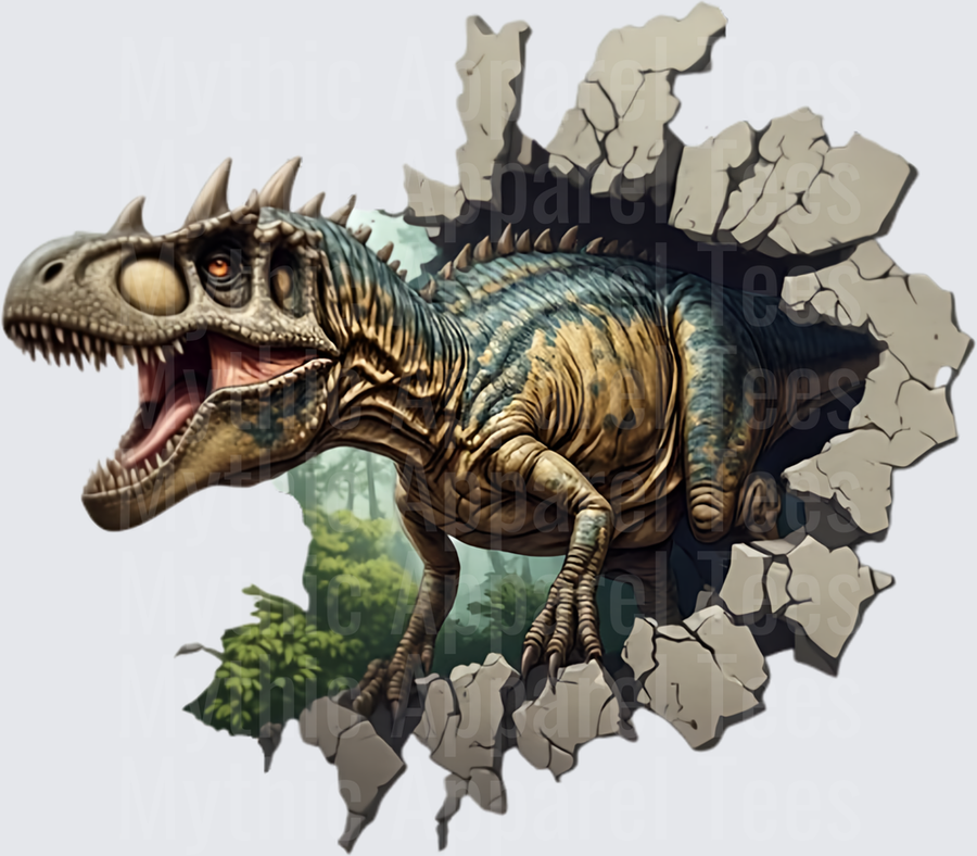 Spiked Carnivore Dinosaur Bursting Through Cracked Wall Prehistoric Jungle Scene