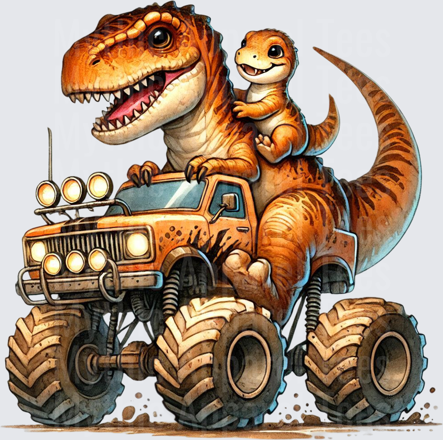Mama T-Rex and Baby Dinosaur Riding Muddy Monster Truck