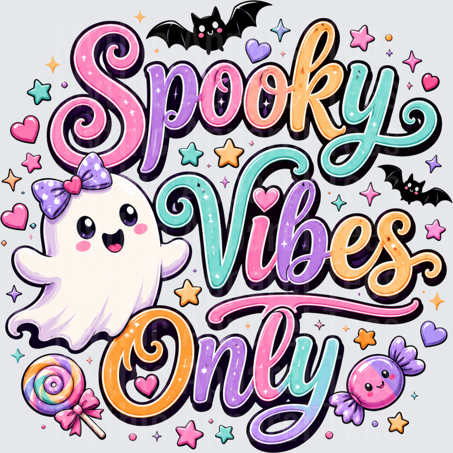Spooky Vibes Only Pastel Halloween Cute Ghost with Bow Bats Candy Stars