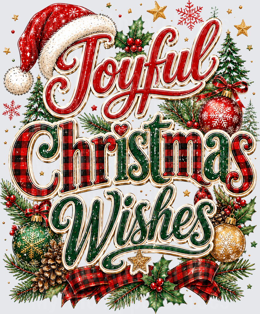 Joyful Christmas Wishes Buffalo Plaid Santa Hat Holly Ornaments Gold Stars Festive Holiday Design