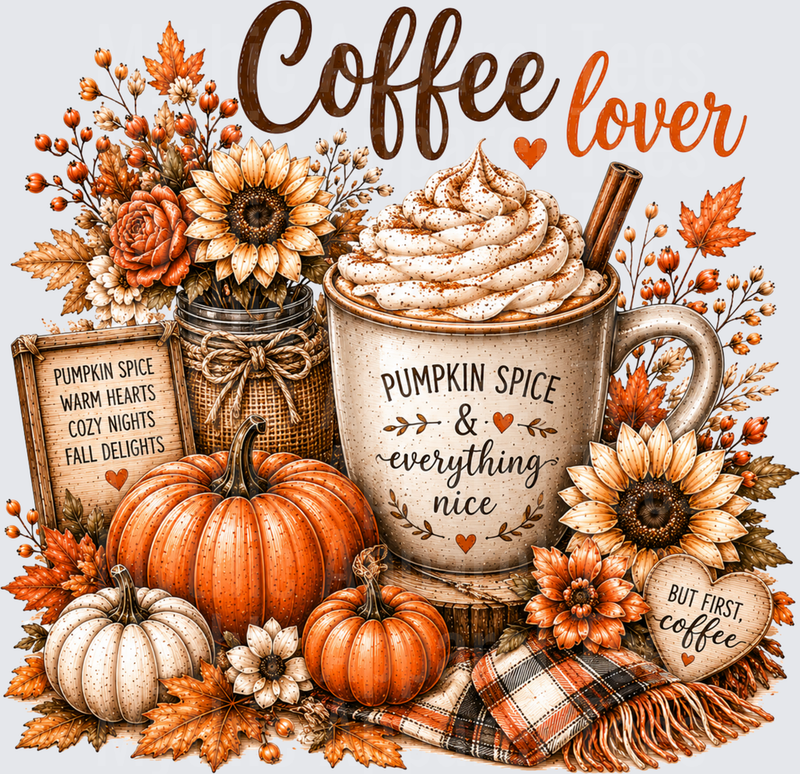 Coffee Lover Pumpkin Spice And Everything Nice Fall Autumn Sunflowers Pumpkins Whipped Cream Latte Cozy Seasonal
