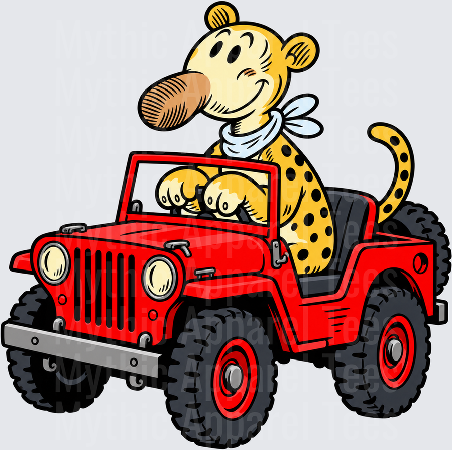 Eugene the Jeep Cartoon Leopard Character Driving a Classic Red Off-Road Jeep with White Neckerchief