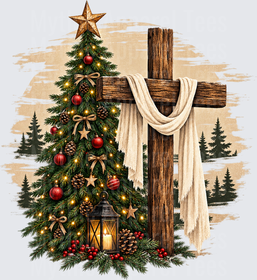 Rustic Wooden Cross with White Drape and Decorated Christmas Tree Lantern Pine Cones Red Ornaments Winter Scene
