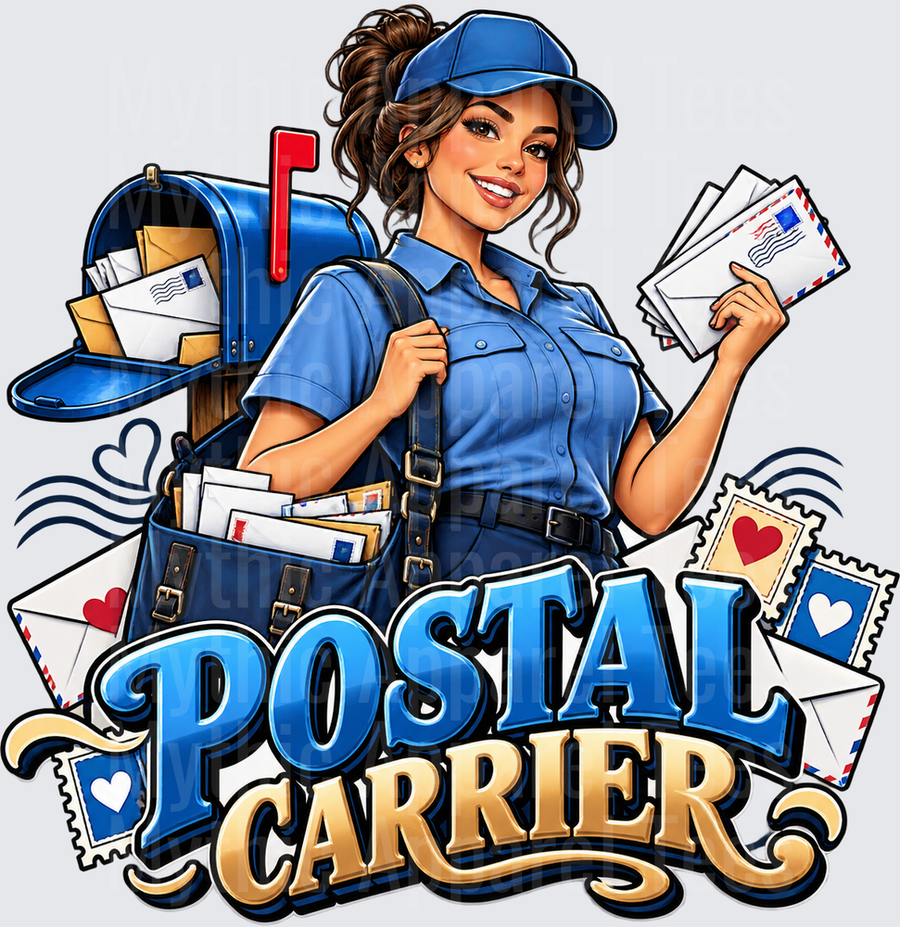 Postal Carrier Woman in Blue Uniform Holding Mail with Mailbox and Delivery Bag