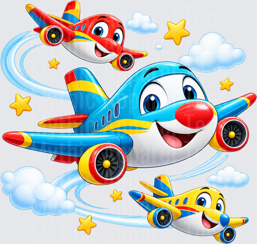 Cute Cartoon Airplane Squad Flying Through Clouds With Stars Blue Red Yellow Smiling Planes Kids Aviation