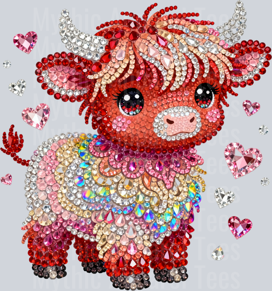 AZ691 Faux Rhinestone Valentines Day Highland Cow